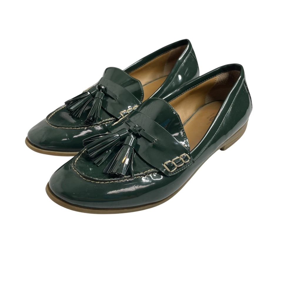 GH Bass Womens Dark Green Patent Leather Tassel‎ Loafers Low Heel Slip On Shoes